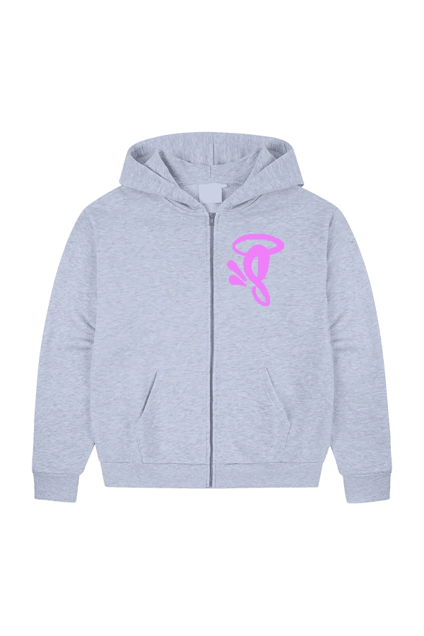 Syna World Marl Grey ZIP Up Pink Logo Hoodie